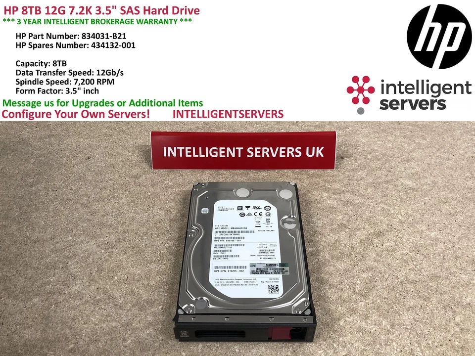 HP 8TB 12G 7.2K 834031-B21 3.5" SAS Hard Drive  - Image 2 of 2