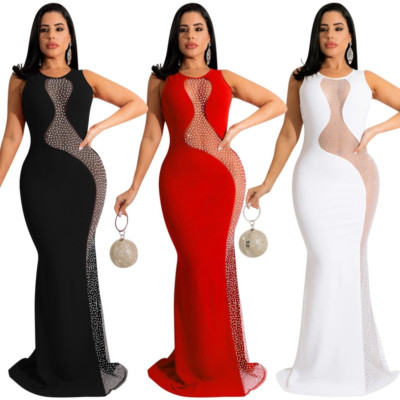 Women's Backless Mesh See-through Rhinestone Patchwork Long Party ...