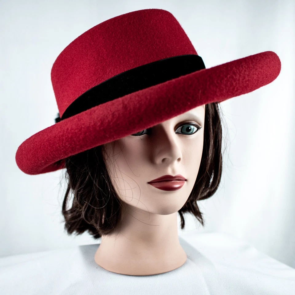 AMANDA SMITH Italy Red Black Velvet Trim Wool Vintage Women Bowler Hat Size M 7 - Image 4 of 4