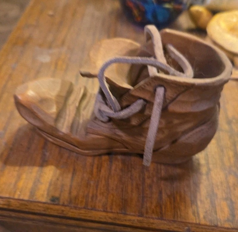 Antique 1900's Wooden Elves Shoe With Leather Laces Very Old Excellent Condition