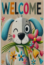 "New" Colorful Puppy Welcome Two-Sided Burlap Outdoor Garden/Yard Flag