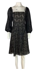 Alice Olivia Sz 0 Lace A Line Boho Cocktail Party Puff Sleeve Dress Black BB