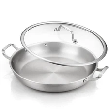 13 Inch Tri-Ply Stainless Steel Paella Pan With Lid, Big Frying Pan, kitchen ...