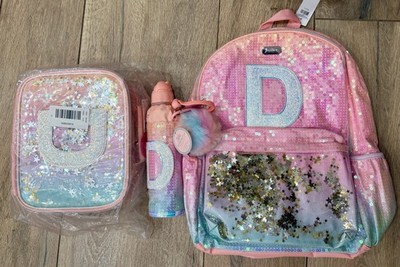 Justice Ombre Shaky Sequin Initial D Backpack +  Lunch Tote + Water Bottle NWT