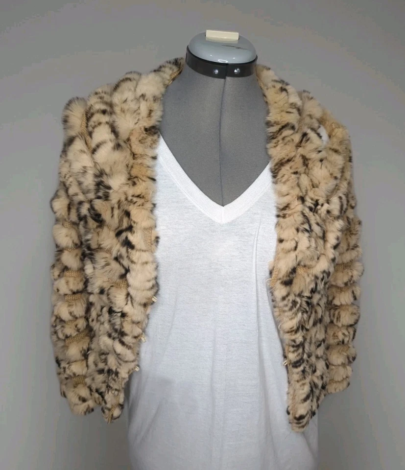 $275 BCBGMAXAZRIA Real Rabbit Fur Cardigan Shawl Sweater Women Small Genuine Tan - Image 4 of 4