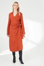 Principles Womens Wrap Dress Rust Collared Belt Detail Long Sleeve Midi