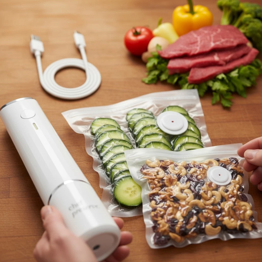 Effortless Food Preservation: Compact Vacuum Sealer + 30 Reusable Bags Included
