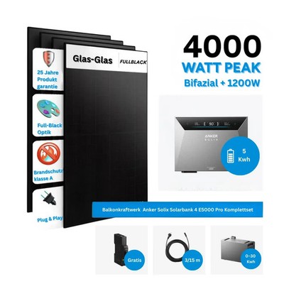 Balkonkraftwerk 4000W mit Anker Solix Solarbank 4 Pro 5kW Komplettset Glas-Glas