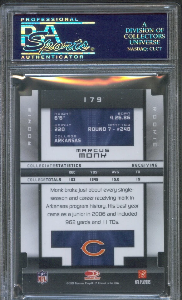 2008 Elite ASPIRATIONS Die-Cut 9/15 #179 MARCUS MONK Arkansas Razorbacks PSA 9 - Image 2 of 2