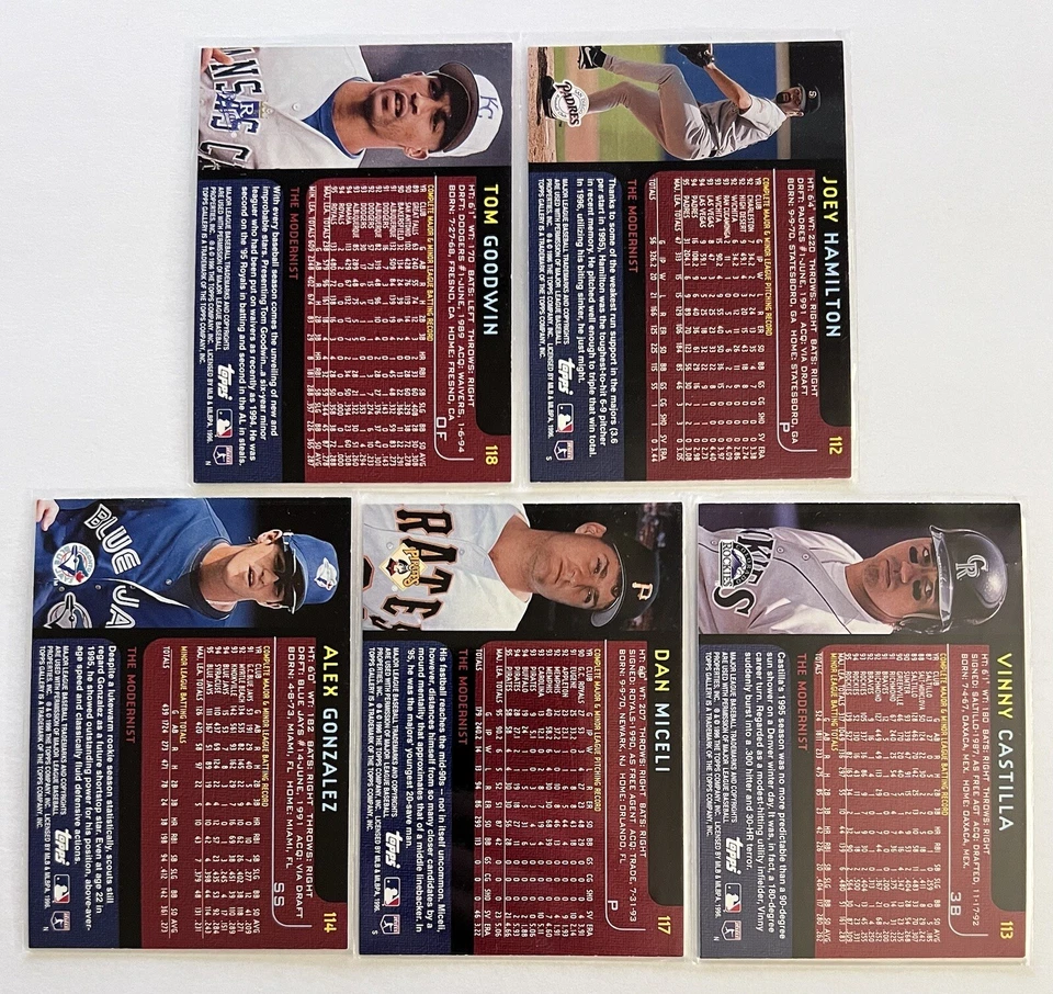 1996 Topps Gallery Béisbol Los Modernistas Insertar Lote Tom Goodwin Dan Miceli MLB Foto 2 de 4