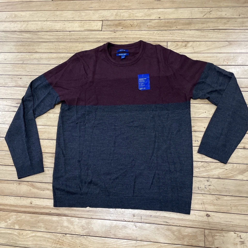 APT. 9 Merino Wool Sweater Men L Colorblock Red Gray Soft Preppy Pullover 42" - Image 3 of 4