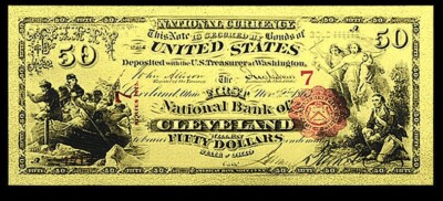 1875 $50 US National Bank Cleveland Gold Plated Foil Bill Sharp