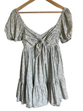 Mable Size Medium Smocked Tie Bow Doll Front Blue Floral Mini Dress A-Line Puff
