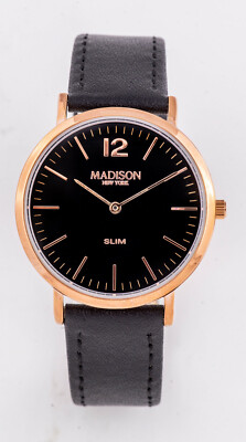 MADISON NEW YORK Damenuhr rosègold sehr flach Lederband schwarz leicht NEU M41