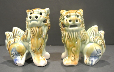 Vintage Ceramic Majolica Chinese Buddhist Statue Foo Dogs Blue Green, set of 2