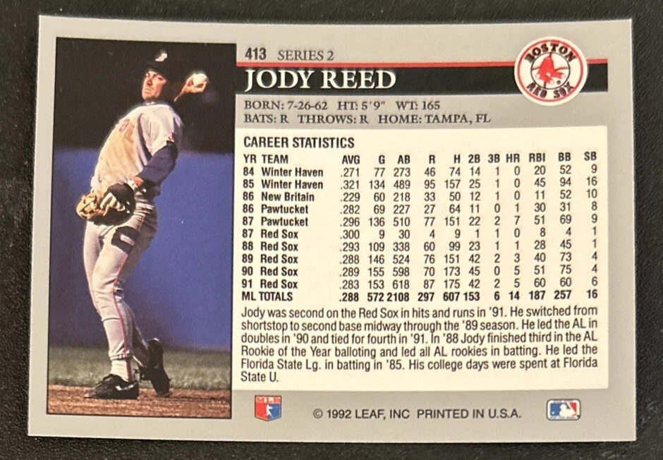1992 Leaf Jody Reed 棒球卡 #413 红袜队 2B VGEX O/C — 第 2/2 张图片