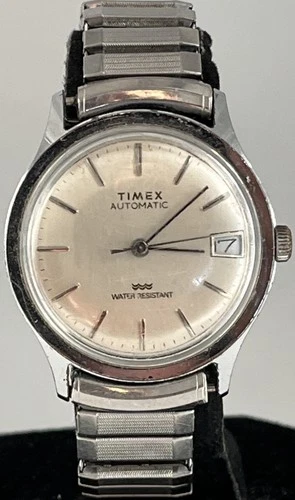 Vintage Mens Water Resistant Silver Tone Timex Automatic Wristwatch Running HB