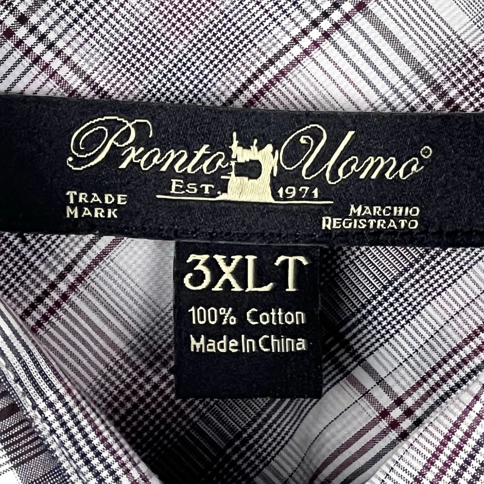 Pronto Uomo Shirt Men’s 3XLT Button Up Cotton Maroon Gray Plaid - Image 3 of 4