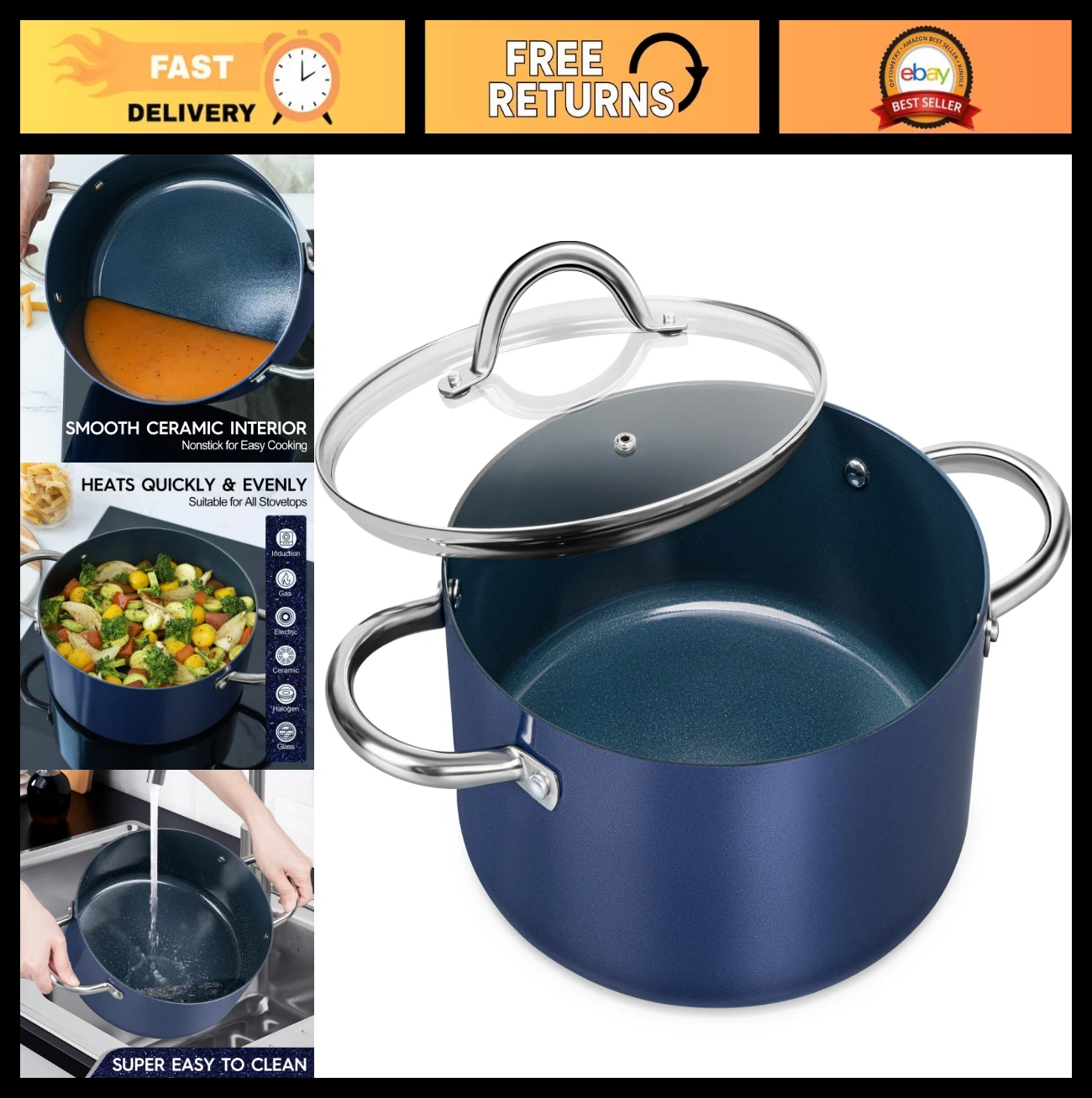 5 Quart Nonstick Stock Pot with Lid - Ceramic Soup Pot, Induction Compatible, Bl