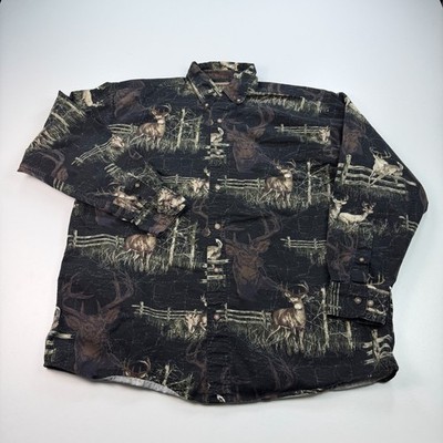 Woods & Water Button Down Shirt Mens Large Black All Over Print Hunting Buck