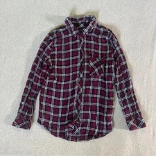Rails Button Down Shirt Women’s Size Large Black Burgundy Plaid Rayon Casual 