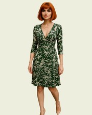 Kaliko Green Bamboo Crossover 3/4 Sleeve Wrap Tea Dress UK 8 US 4 EU 36