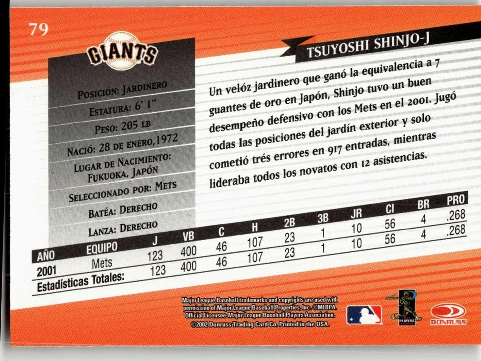 Tsuyoshi Shinjo 2002 Donruss Super Estrellas Baseball San Francisco Giants - Image 2 of 2