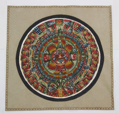 VINTAGE AUTHENTIC HAND PAINTED AZTEC SUN STONE CALENDAR ON SUEDE LEATHER 12x12''