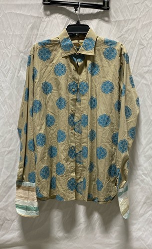 Ted Baker Mens Tan Blue Cotton Printed Long Sleeve Button-Up Shirt Size 17