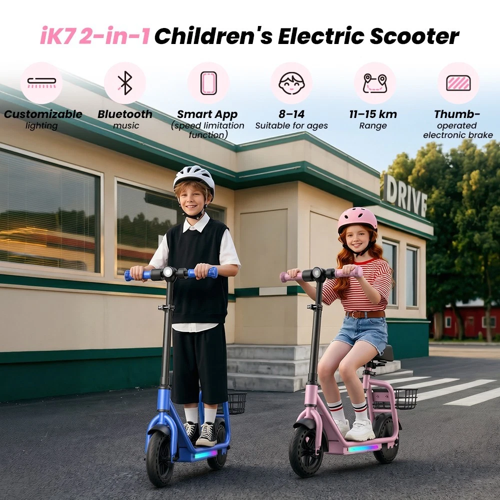 iK7 Elektroroller 2in1 250W 20km/h Kinder E-Scooter mit abnehmbarem Sitz & Korb - Bild 20 von 23