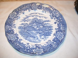 Antique Blue White Olde Staffordshire English Village Plate