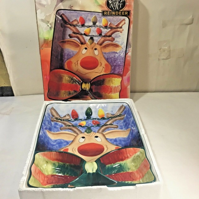 2001 Clay Art Reindeer Chip 'N Dip Platter Tray Christmas Holiday 15" x 12" MIB eBay
