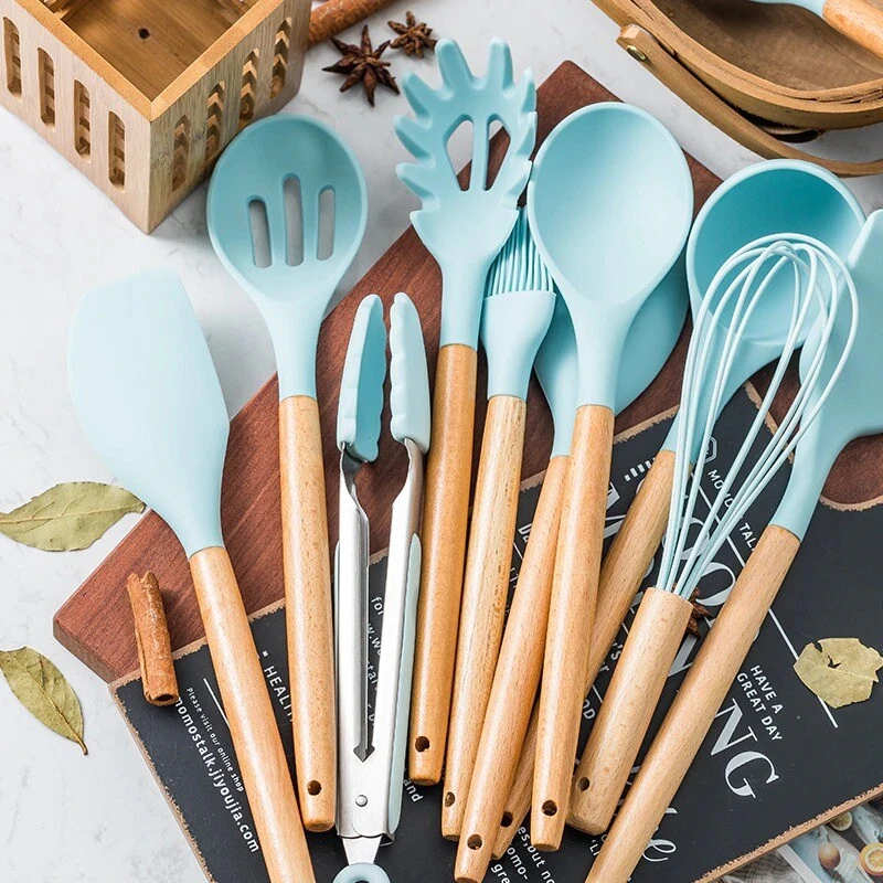 12Pcs Silicone Kitchen Utensils Set Non-Stick Kitchenware Cooking Set with  Holder,Wooden Handle Spatula Spoon Cookware Set - AliExpress