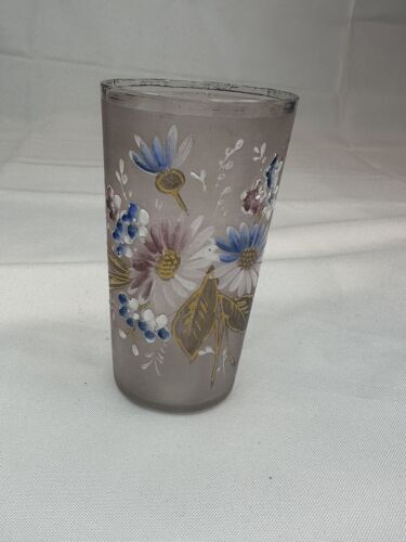 Antique Bohemian Hand Painted Victorian Floral Drinking Frosted Pink Glass - Picture 1 of 7
