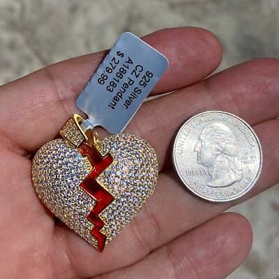 14K Gold Plated 925 Sterling Silver Broken Heart Pendant Iced