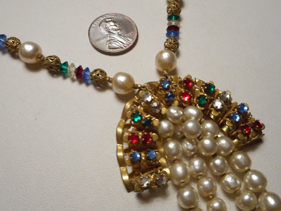 1950s Miriam Haskell Pearl Necklace w Jeweled Rhinestone Filigree
