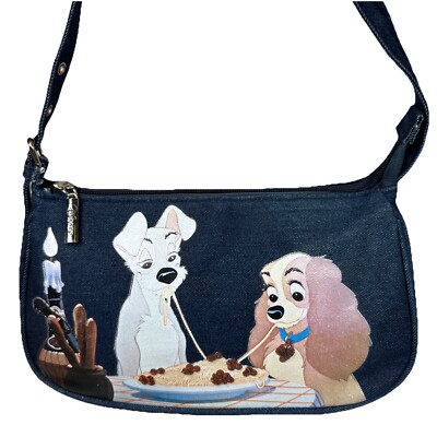 Disney Lady And The Tramp Blue Denim Purse Bag  Zipper Close 9'' x 6'' x 2.5''