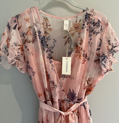 sundance silk floral dress Sundance Dress 100% Silk Floral Midi Burgundy Flutter Sleeves Cottagecore Boho S