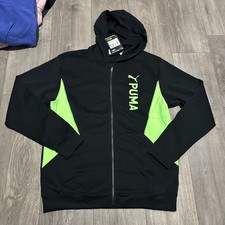 NWT PUMA DOUBLE KNIT HOODIE Full Zip Jacket BLACK GREEN Work Gym Play MENS M