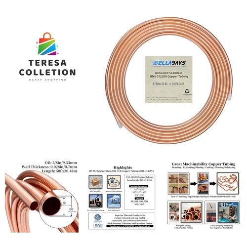 Flexible 3/8" OD Copper Tubing 50ft Seamless Coil – Ideal for Refrigeration Use