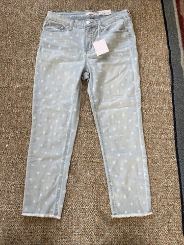 LC Lauren Conrad Skinny Crop Jeans Women's Blue Polka Dot Frayed Hem Low Rise 12 - Picture 1 of 10