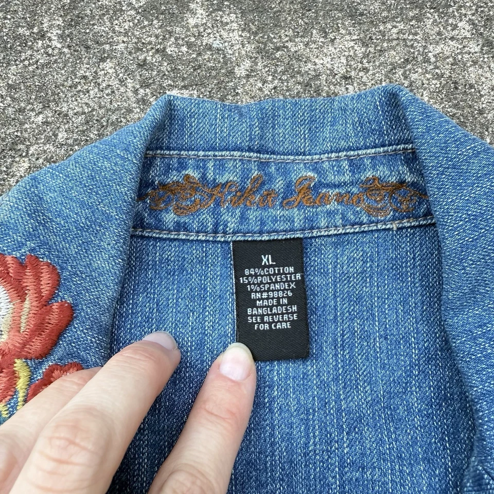 Chaqueta vaquera vintage Y2K Kitkit Jeans floral bordada para mujer XL Boho Hippie Foto 4 de 4