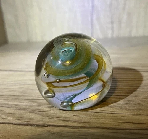 Vintage Caithness Scotland Twirl Blue Green Paperweight  2.25" Stamped