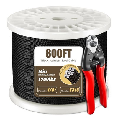 WAYSKA 800FT 1/8'' T316 Black Stainless Steel Cable, Black Wire Rope Aircraft Cab