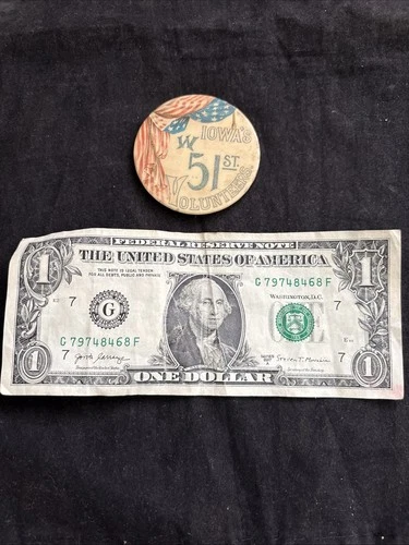 ANTIQUE 1894 - CIVIL WAR - 2” - IOWA 51st  VOLUNTEERS CELLULOID PINBACK BUTTON