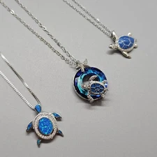 Blue Enamel Mystical Fire Topaz Ocean Blue Opal Sea Turtle Pendant Necklace Lot 
