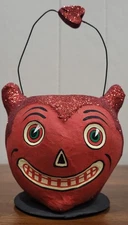 Vintage Halloween Dept 56 Red Devil Paper Mache Basket Glitter Candy Bucket 