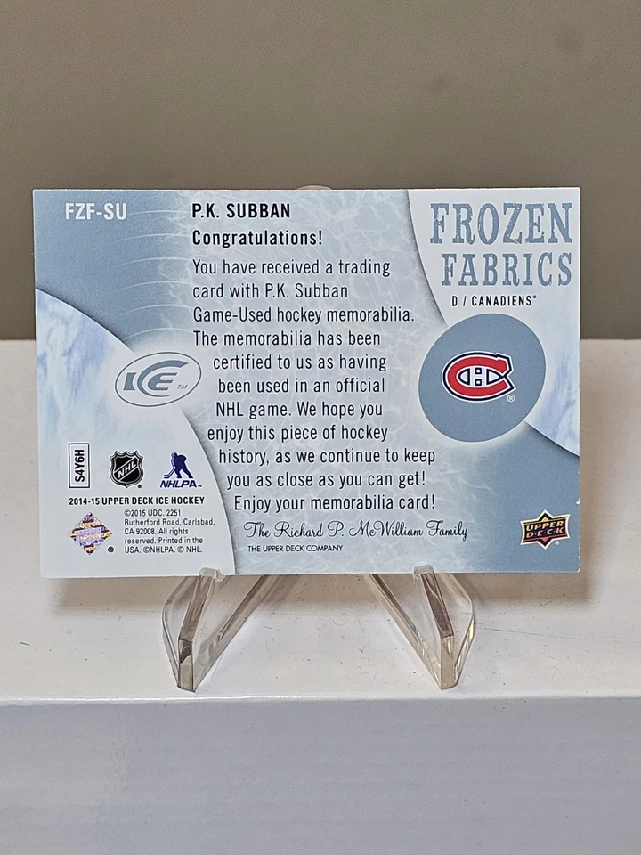 2014 15 Upper Deck ICE P.K. Subban Frozen Fabrics Game Used Jersey Card #FZF-SU - Image 2 of 2