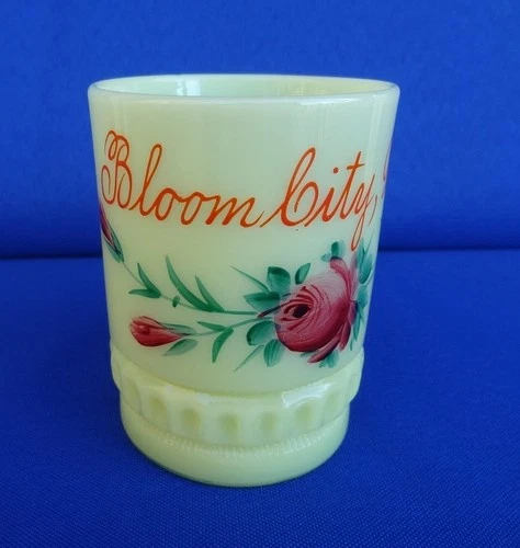 Heisey UG Uranium EAPG Custard Glass Souvenir Mug - BLOOM CITY Wisconsin Wis WI