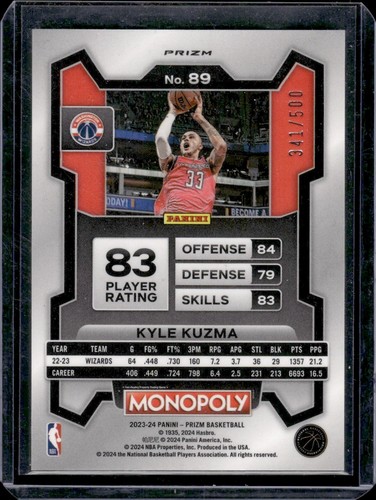 Kyle Kuzma 2023-24 Prizm Monopoly Gold Millionsire Shimmer Prizm #'d /500 - Picture 2 of 2
